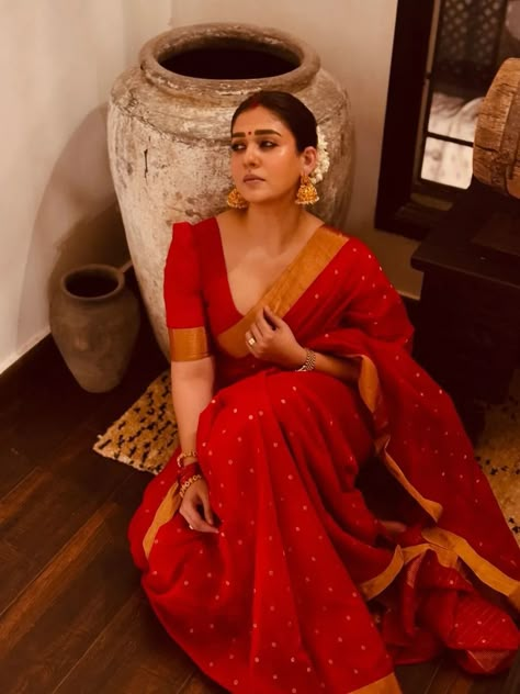 Nayanthara’s red Chanderi silk sari is woven with a rich gold border and motifs | Vogue India Nayanthara Saree, Vignesh Shivan, Neck Drawing, Blouse Design Ideas, Instagram V, Happy Married Life, Saree Blouse Design, Popular Actresses, Saree Photoshoot