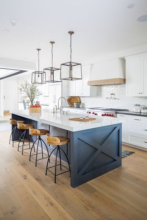 Kitchen Island Overhang, Contrasting Kitchen Island, Kitchen Islands Ideas With Seating, Blue Kitchen Island, Two Tone Kitchen Cabinets, Farmhouse Kitchen Island, Two Tone Kitchen, Diy Kitchen Renovation, Modern Kitchen Island