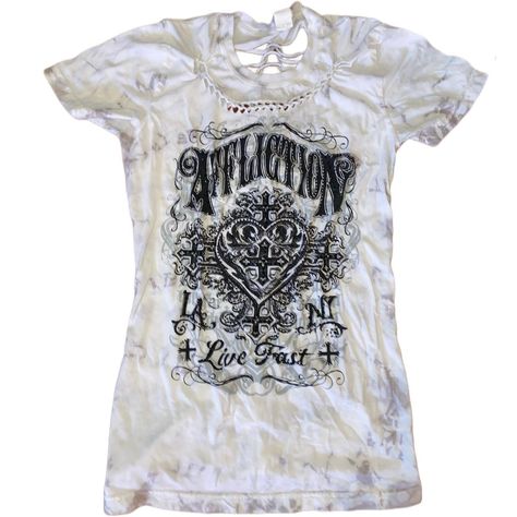 Affliction Women's White and Black Shirt | Depop Y2k Cross, Affliction Shirts, The Shirt, Vintage Colors, White Tshirt, Hand Woven, Black Shirt, White And Black, Hand Weaving