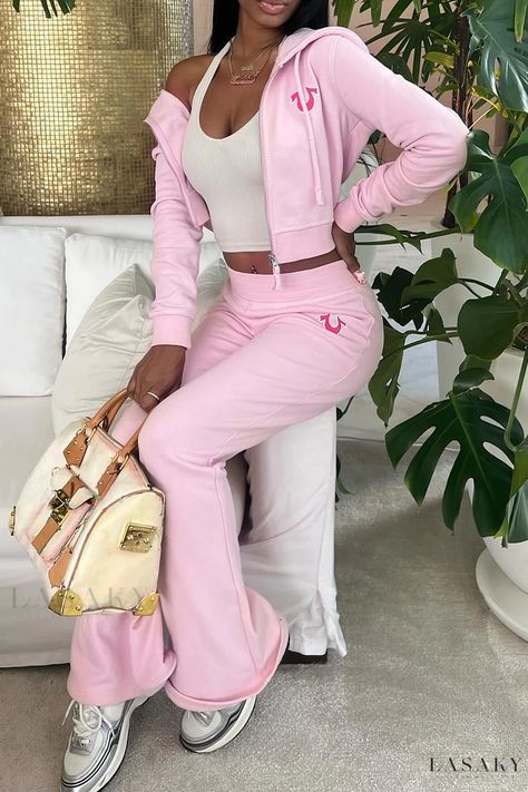 Lasaky - Cozy Cropped Jacket and Flare Leg Pant Set Sweat Sets Outfits, Sweat Suits Outfits, Flare Leg Pants Outfit, Cute Online Clothing Stores, Leg Pants Outfit, Sweat Suit, Stylish Summer Outfits, Women's Outfits By Occasions, Pink Set