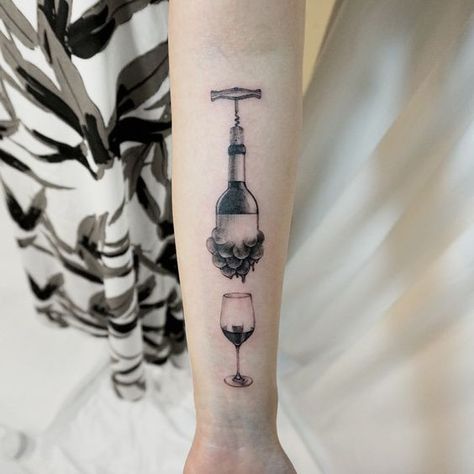 Water Into Wine Tattoo, Bottle Wine Tattoo, Wine Related Tattoos, Sommelier Tattoo, Bottle Of Wine Tattoo, Bar Tattoo Ideas, Alcohol Tattoo Ideas, Wine Tattoo Ideas, Wine Bottle Tattoo