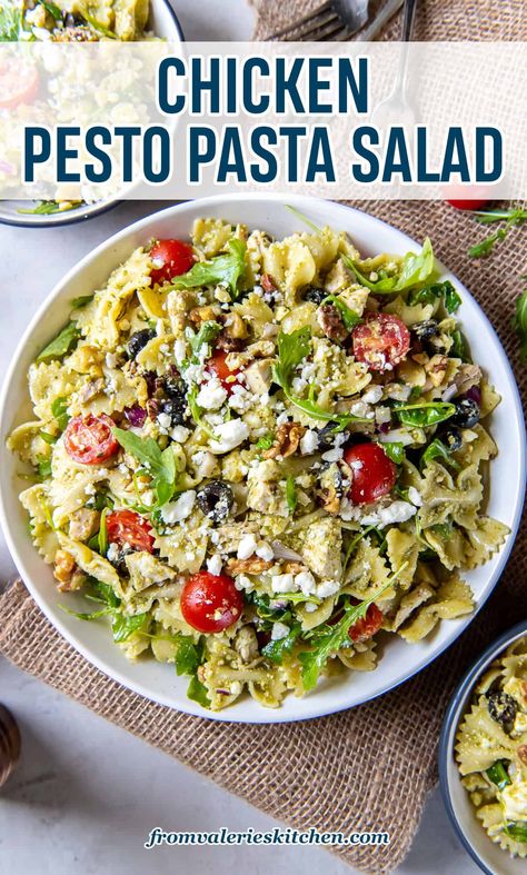 This Chicken Pesto Pasta Salad is packed with a delicious combination of flavors and textures. Tender chicken with sweet cherry tomatoes, black olives, crunchy walnuts, tangy feta cheese, and peppery arugula, all tossed together in a luscious pesto dressing. Salads With Pesto, Chicken Pesto Pasta Salad Recipes, Pesto Chicken Pasta Salad, Creamy Pesto Dressing, Chicken Pesto Pasta Salad, Arugula Pasta, Creamy Pesto Chicken Pasta, Chicken Pesto Pasta, Feta Pasta Salad