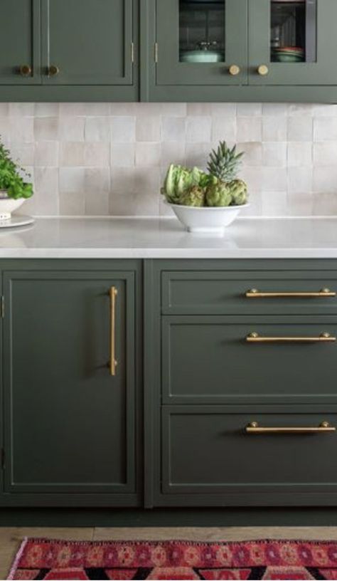 Forestwood Green Cabinets, Olive Backsplash, Green And Cream Kitchen, Zellige Backsplash, Cabnits Kitchen, Kitchen Cupboard Colours, Olive Kitchen, Olive Green Kitchen, Green Kitchen Cabinets