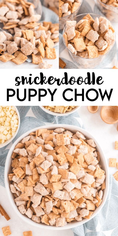 Snickerdoodle Puppy Chow is a treat the whole family will love!  It's a twist on a classic recipe with a pop of cinnamon toast crunch cereal! Football Dessert, Cinnamon Toast Crunch Cereal, Puppy Chow Chex Mix Recipe, Puppy Chow Recipe, Chex Mix Puppy Chow, Chow Recipe, Puppy Chow Recipes, Trail Mix Recipes, Snack Mixes