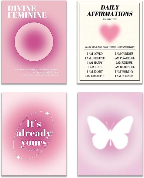 KEUSPI Daily Affirmations Heart Divine Feminine Pink Aura Energy Gradient Y2K Minimalist Wall Art Poster Prints for Bedroom Dorm Decor,Spiritual Decorations Posters Unframed 8x10 Inches Set of 4 Y2k Minimalist, Prints For Bedroom, Aura Energy, Printable Wall Collage, Seni Pop, Affirmation Posters, Spiritual Decor, Pink Aura, Pinterest Room Decor