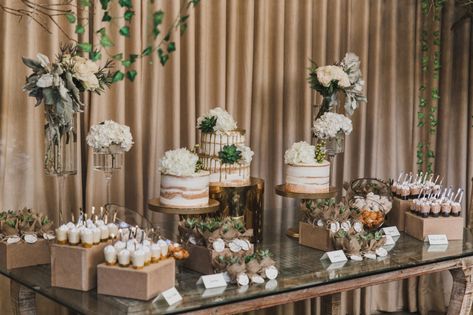 Greenery Dessert Table Ideas, Simple Elegant Dessert Table, Dessert Table With Greenery, Dessert Table Arrangement Ideas, Minimalist Dessert Table Wedding, Boho Chic Dessert Table, Tiered Dessert Table, Forest Green Dessert Table, Eucalyptus Dessert Table