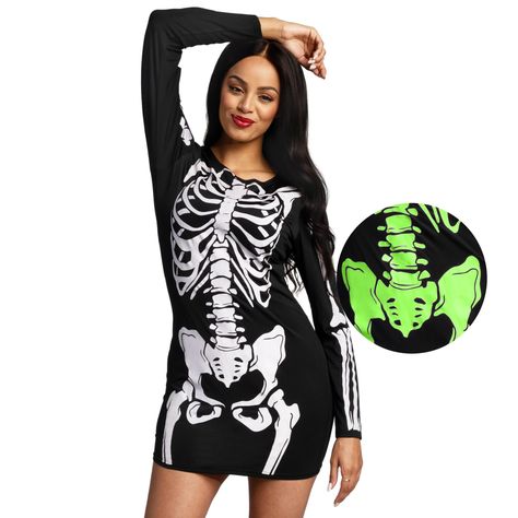 PRICES MAY VARY. Super Value Pack: Our set includes 1 black skeleton dress that glows in the dark. Stand out and spook everyone around you with this stylish and eerie costume Premium Quality: Made with 100% polyester, our dress is not only durable but also ultra-soft and comfortable to wear. It has been safety test approved, ensuring a high level of quality Versatile Occasions: The black skeleton glow in the dark dress is ideal for Halloween dress-ups, Halloween costume parties, Halloween night events, cosplay parties, theme parties, stage performances, role plays, and any costume-related occasions. Embrace your spooky side and make a statement with this skeleton dress Easy to Clean: To keep your costume Clean and Fresh, we recommend Sponge Cleaning or Hand Washing. Do Not brighten, Tumble Halloween Inspired Outfits, Black Halloween Costumes, Skeleton Dress, Hand Dress, Punk Skull, Vintage Party Dresses, Punk Dress, Dark Dress, Moda Punk