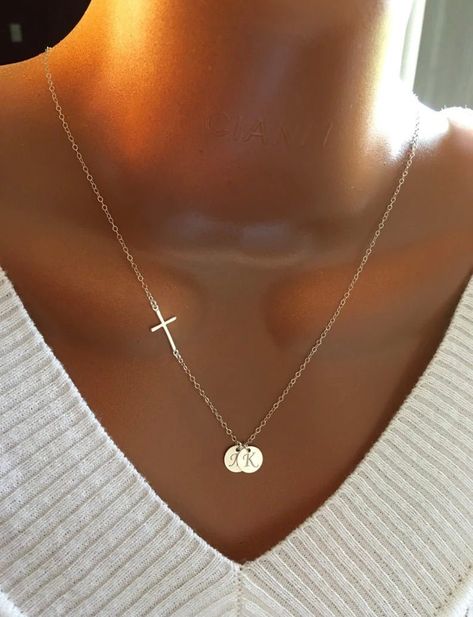 "Handmade with love! PERSONALIZED NECKLACE, CUSTOM INITIAL DISCS & BIRTHSTONE, CUSTOM JEWELRY, PERSONALIZED GIFT. 100% STERLING SILVER NECKLACE. Personalized Sterling Silver Sideway Cross and initial discs charm OR Swarovski Birthstone necklace is great gift ideas for Mom, Grandma, Christmas, for Baptism, birthday, Mother's day, best friend, sister, your wife, daughter, baby shower gift.... MATERIALS:  All materials used are 100% .925 Sterling Silver. - Sterling Silver chain and components. - St Initial Disc Necklace, 20 Inch Necklace, Rose Hill, Name Necklaces, Wichita Ks, Utila, Great Gifts For Mom, Mothers Necklace, Disc Necklace