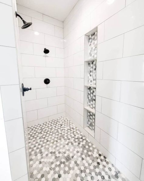 Subway Tile Shower Niche, Pebble Tile Shower, Large Shower Tile, White Shower Tile, White Subway Tile Shower, Mosaic Shower Tile, Tile Shower Niche, Gray Shower Tile, White Subway Tile Bathroom