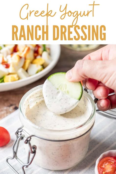 This homemade Greek Yogurt Ranch Dressing is going to be your go-to thick and creamy dressing for all of your dipping and drizzling needs. It's higher in protein and heart-healthy fats, making it a great, healthier option to keep in your fridge at all times. All you need are 8 simple ingredients! Greek Yogurt And Ranch Packet, Homemade Ranch Dressing Greek Yogurt, Protein Ranch Dressing, Healthy Homemade Ranch Dressing, Healthy Veggie Dip, Greek Yogurt Ranch Dressing, Healthy Dressings, Healthy Ranch Dressing, Yogurt Ranch Dressing