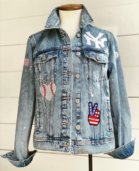 Custom Sports Denim Jean Jacket Custom Denim Jacket NY Yankees Baseball Number Jean Jacket Jean Jacket Jersey - Etsy Sports Jean Jacket Diy, Baseball Jean Jacket Diy, Baseball Mom Jean Jacket, Baseball Jean Jacket, Diy Denim Jacket Ideas, Baseball Attire, Jean Patches, Jean Jacket Design, Baseball Mom Outfits