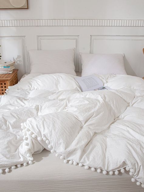 White Simple Collar  Fabric Plain Duvet Covers Embellished   Home Textile Preppy Bedding, White Bed Covers, Green Room Decor, Pom Pom Decor, Chambre Inspo, White Bed Sheets, White Bed Set, White Bedroom Decor, Fluffy Bedding