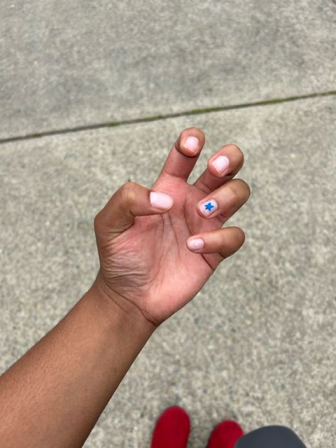 A little blue star on ring finger and a diamond on pinky Pale Nails, One Finger, Clear Nails, Ring Finger, Blue Star, Nail Inspo, Nails, Stars, Ring