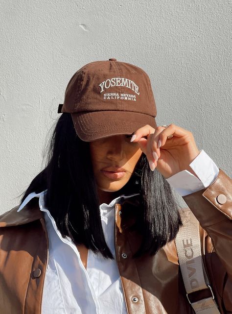 Baseball cap Princess Polly Exclusive Hero Image: Christy Embroidered front Adjustable back Stiff brim Inner band Baseball Cap Photoshoot, Dad Hat Outfits Women, Cap Photoshoot, Brown Baseball Hat, Merch Shoot, Website Photoshoot, Merch Photoshoot, Cute Baseball Hats, Branding Guide