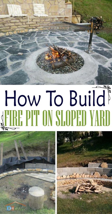 How To Build a Fire Pit On Sloped Yard ( With Instructions ) | Decor Home Ideas Fire Pit On A Slope, Build A Fire Pit, Make A Fire Pit, Tree Road, Building A Retaining Wall, How To Build A Fire Pit, Outside Fire Pits, To Build A Fire, Diy Outdoor Fireplace