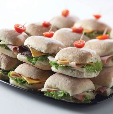 Leave the cooking to us and order a party platter of mini ciabatta rolls stuffed with premium Di Lusso meats, cheeses and crisp leaf lettuce for your next tailgate. Mini Roll Sandwiches, Mini Ciabatta, Ciabatta Rolls, Rolled Sandwiches, Catering Trays, Platter Ideas, Sandwich Platter, Leaf Lettuce, Lunch Catering