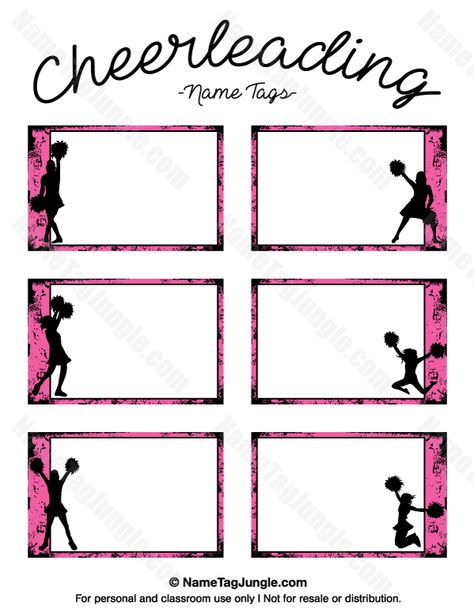 Free printable cheerleading name tags. Each name tag features a pink grunge border with silhouettes of cheerleaders. The template can also be used for creating items like labels and place cards. Download the PDF at http://nametagjungle.com/name-tag/cheerleading/ Cheer Printables Free, Cheer Favors, Cheerleading Team Gifts, Cheer Snacks, Cheerleading Signs, Cheer Crafts, Cheerleading Camp, Cheerleader Party, Football Cheerleading