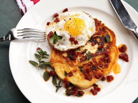 Put an Egg on It: 20 Great Ways to Eat Fried or Poached Eggs | Serious Eats Savoury Pancake Recipe, Fried Egg Recipes, Spanish Chorizo, Soy Chorizo, Morning Cocktail, Halloumi Cheese, Breakfast Meals, Oregano Leaves, Savory Pancakes