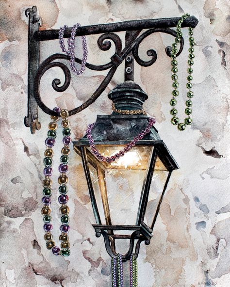 New Orleans Images, New Orleans Gas Lanterns, Louisiana Watercolor Art, New Orleans Art Paintings, New Orleans Mardi Gras Aesthetic, New Orleans Themed Party, Mardi Gras Aesthetic, Louisiana Painting, Louisiana Aesthetic