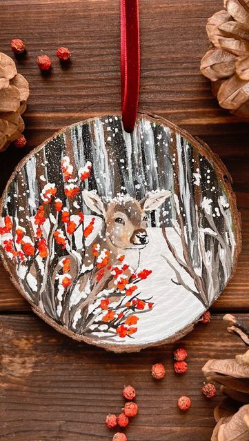 Elena | handmade animal figurines 🦔 on Instagram: "It’s never too late to prepare for Christmas☃️🎄Hand-painted wooden ornaments are ready to find loving homes and are available for purchase on our website🥰" Reindeer Painted Ornaments, Wood Christmas Ornaments Diy, Painted Wooden Christmas Ornaments, Christmas Wooden Ornaments, Disc Art, Painting Ornaments, Prepare For Christmas, Christmas Details, Art Ornaments