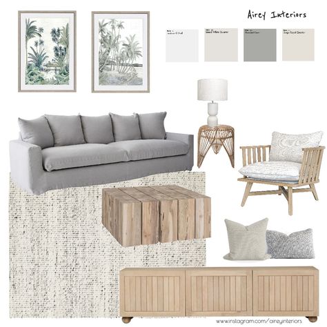 Coastal living room Grey Coastal Living Rooms, Neutral Coastal Living Room, Coastal Chic Living Room, Mood Board Living Room, Modern Coastal Living Room, Beach Style Living Room, Lounge Room Styling, Grey Couch Living Room, Living Room Wall Color