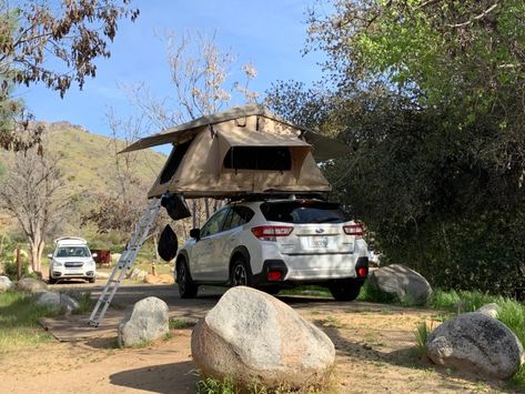 SUV Camping - 2019 Subaru Crosstrek with Smittybilt Overlander roof top tent set up Subaru Tent Camping, Subaru Tent, Overland Crosstrek, Subaru Crosstrek Camping, Crosstrek Modifications, Crosstrek Camping, Crosstrek Mods, Subaru Offroad, Subaru Camping