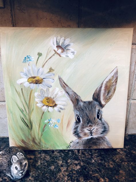 Spring Bunny Painting, Bunny Painting Acrylic Tutorial, Acrylic Easter Paintings, Spring Painting Ideas On Canvas Acrylics, Spring Acrylic Painting Ideas, Easter Painting Ideas On Canvas, Acrylic Animal Paintings Easy, Paintings Of Rabbits, Bunny Painting Ideas