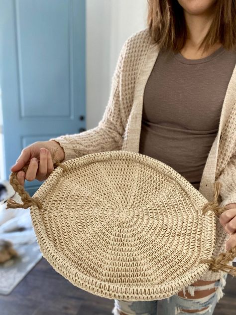 Crochet Jute Cord Tray - Evelyn And Peter Crochet Crochet Centerpiece, Centerpiece Tray, Crochet Jute, Fabric Stiffener, Crochet Hoodie, Cut The Ropes, Jute Basket, Crochet Rope, Sweater Crochet Pattern