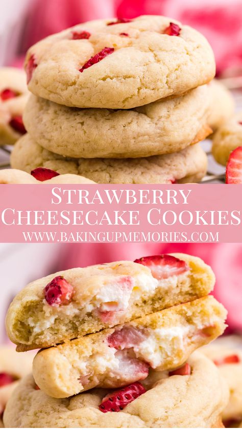 Fluffy Cookie Recipe, Cookies With Cream Cheese Filling, Strawberry Cream Cheese Cookies, Strawberry Cheesecake Cookies, Cheesecake Cookies Recipes, Raised Donuts, Cookies With Cream Cheese, Super Cookies, Strawberry Dessert Recipes