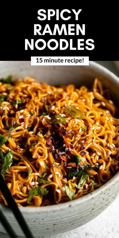 These 15 minute spicy ramen noodles are easy to make, full of flavor and vegan! These gluten free stir fry noodles are perfect as is or served with ground beef, chicken, salmon or tofu. This easy dinner is healthy and a family favorite. Beef Ramen Noodle Recipes, Gluten Free Stir Fry, Spicy Ramen Noodles, Ramen Dinner, Healthy Ramen, Ramen Recipes Easy, Fry Noodles, Easy Ramen, Asian Noodle Recipes