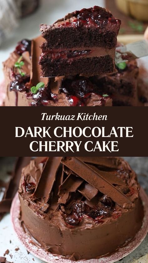 Turkuaz Kitchen Dark Chocolate Cherry Cake Dark Cherry Chocolate Cake, Dark Chocolate Cherry Cake, Dark Cherry Recipes, Cherry Cake Recipe, Alcohol Cake, Chocolate Cake With Coffee, Kitchen Dark, Chocolate Cherry Cake, Cranberry Cake