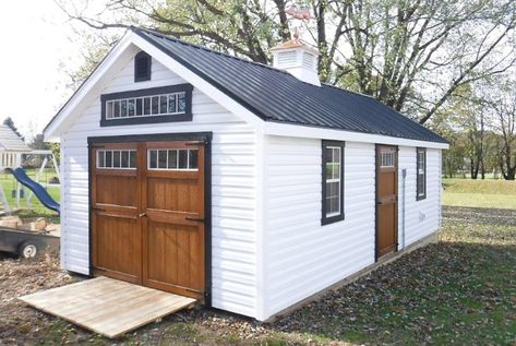 White And Black Shed Exterior, Black And White Shed Exterior, White Shed With Black Trim, White And Black Shed, White Shed Black Trim, Modern Farmhouse Shed, White Siding Black Trim, White Shed, Studio Exterior