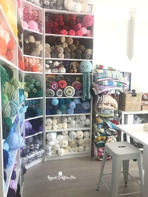 My New Yarn Studio! - Repeat Crafter Me Yarn Studio, Ikea Must Haves, Repeat Crafter Me, Yarn Organization, Ikea Billy Bookcase, Ikea Billy, Yarn Storage, Billy Bookcase, Crochet Business