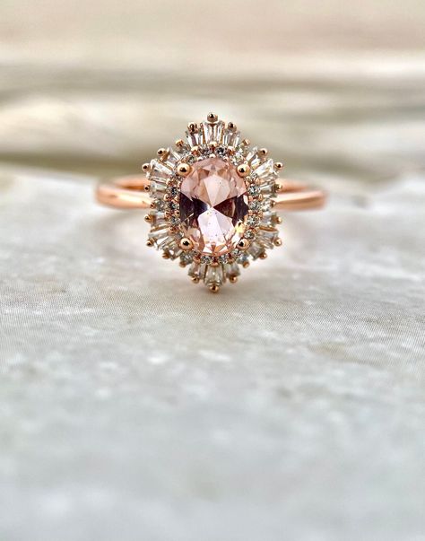 Peach Engagement Ring, Morganite Engagement Ring Vintage, Morganite Ring Set, Vintage Anniversary Rings, Peach Vintage, Vowel Renewal, Pink Engagement, Morganite Diamond Ring, Oval Cut Diamond Rings