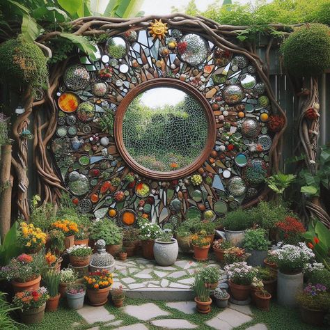 21 Inspiring Garden Junk Ideas To Transform Your Trash Into Treasure - My Besuited Home Mirror Garden Art, Garden Junk Art, Mirrors In The Garden Ideas, Vertical Herb Garden Ideas, Junk Art Ideas, Artsy Garden, Garden Junk Ideas, Yard Art From Junk, Garden Ornaments Ideas