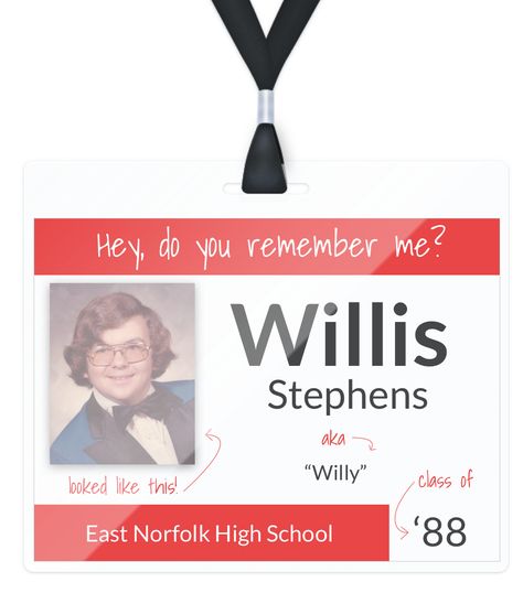 Class Reunion Name Tags, Name Tags Ideas, Reunion Name Tags, Highschool Reunion, School Reunion Decorations, Class Reunion Planning, Conference Badges, 50th Class Reunion Ideas, Class Reunion Invitations