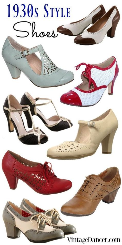 1930s shoes, 1930s style shoes, thirties shoes, vintage inspired 30s heels and oxfords at http://vintagedancer.com 1930s Shoes, Mode Rockabilly, Moda Do Momento, Mode Retro, 1930s Style, 30s Fashion, Shoes Vintage, Retro Mode, فستان سهرة