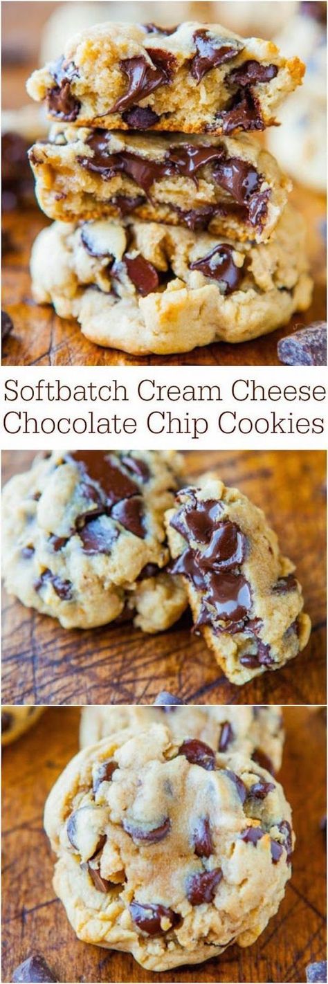 Softbatch Cream Cheese Chocolate Chip Cookies - Move over butter, cream cheese makes these cookies thick and super soft! Softbatch Cream Cheese Chocolate Chip, Cream Cheese Chocolate Chip, Cream Cheese Chocolate Chip Cookies, Averie Cooks, God Mat, Good Eat, Think Food, Köstliche Desserts, Yummy Sweets