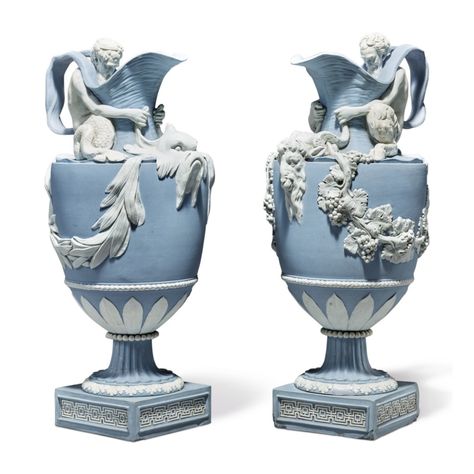 A PAIR OF WEDGWOOD BLUE AND WHITE JASPERWARE 'WATER' AND 'WINE' EWERS CIRCA 1785-90 | Wedgwood and Beyond: English Ceramics from the Starr Collection | Ceramics & Glass | Sotheby's Wedgewood China, Wedgwood Pottery, Wedgwood China, Wedgwood Blue, Ceramic Artwork, Water Into Wine, Stoneware Vase, Antique Porcelain, Decorative Jars