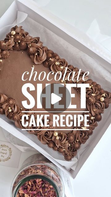 Sara's Dessert Box | Rahima on Instagram: "Perfect chocolate sheet cake recipe for a 12x8 inch tray 🤗   Ingredients: - 250g unsalted butter - 250g dark chocolate (at least 70% cocoa solids), chopped - 300g granulated sugar - 5 large eggs - 180g plain flour - 35g cocoa powder - 3/4 teaspoon baking powder - Pinch of salt - Optional: buttercream for piping - recipe in another reel, just scroll through my reels  Optional - top layer chocolate ganache - recipe is pinned in the comment.   Instructions: 1. Preheat your oven to 180°C (350°F) and grease or line a 12x8 inch baking tray.  2. In a heatproof bowl, melt the butter and chopped dark chocolate together over a pot of simmering water, stirring occasionally until smooth. Alternatively, you can melt them in the microwave in short bursts, stir Decorated Sheet Cakes For Men, Chocolate Sheet Cake Designs, Rectangle Chocolate Cake Design, Rectangle Cake Designs For Men, Square Chocolate Cake Design, Chocolate Sheet Cake Decoration, Buttercream For Piping, Sheet Cake Designs Birthday, Graduation Sheet Cakes