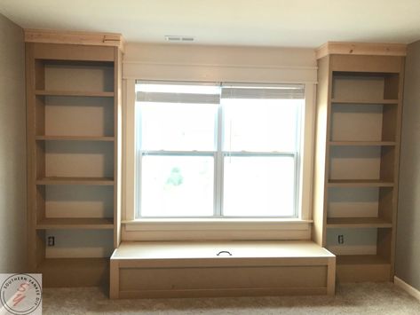 Window Bench Seat Depth, Built Ins On Vaulted Wall, Bookshelf Wall With Bench, Diy Bookcase Around Window, Built In Desk And Window Seat, Bookshelf Wall Around Window, Den Playroom, Bookcase Bench, Built In Bookcases