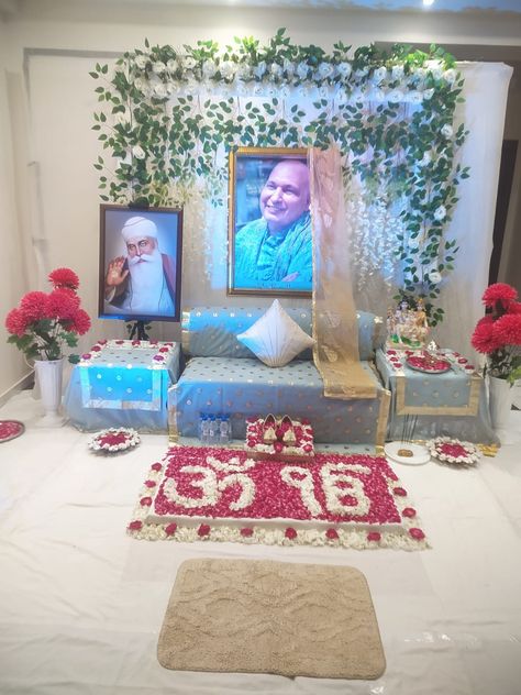 Guru Ji Darbar Decoration At Home, Guruji Satsang Decoration At Home, Guru Ji Satsang Decoration, Guruji Darbar Decoration, Satsang Decoration, Nail References, Jai Guruji, Mandir Decoration, Home Bar Rooms