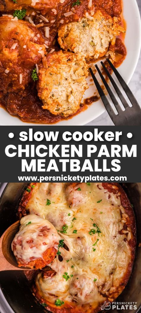 Slow Cooker Chicken Parm, Chicken Meatballs Crockpot, Cheesy Chicken Parmesan, Slow Cooker Chicken Parmesan, Chicken Parm Meatballs, Baked Chicken Parm, Ground Chicken Meatballs, Persnickety Plates, Chicken Smothered