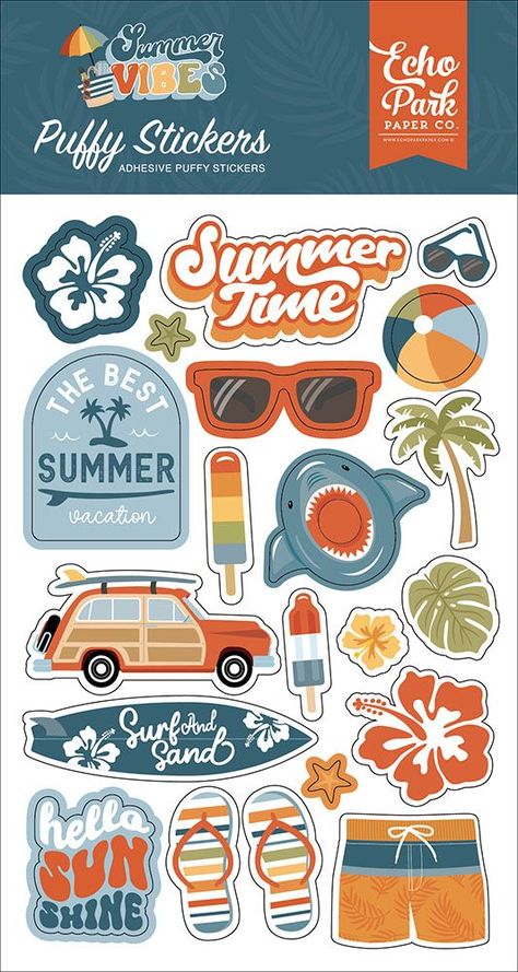 Echo Park - Summer Vibes Collection - Puffy Stickers Sticker #sticker Stickers #stickers freesticker #freesticker freestickers #freestickers free download sticker #freedownloadsticker 3.38 Summer Theme Design, Summer Scrapbooking Ideas, Summer Stickers Aesthetic, Summer Stickers Printable, Summer Vibes Stickers, Cute Summer Stickers, Summer Scrapbook Ideas, Journalling Stickers, July Stickers