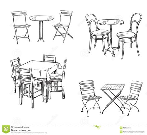 Sets of Tables and Chairs. Furniture Sketch. Stock Vector - Illustration of restaurant, furniture: 124552157 Table And Chairs Tattoo, Draw Table Sketch, Table And Chair Tattoo, How To Draw Table, Restaurant Drawing Sketch, Table Tattoo Design, Table Sketch Design, Table And Chair Drawing, Dining Table Sketch