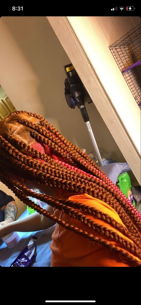 Ginger And Pink Passion Twist, Black Ginger Braids, Brown And Pink Bohemian Braids, Brown N Pink Braids, Pink And Orange Braids, Ginger And Pink Knotless Braids, Honey Blonde And Pink Braids, Light Brown And Pink Braids, Ginger And Pink Braids