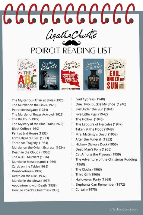 The complete list of novels featuring everyone's favourite Belgian detective, Hercule Poirot Detective Books Reading Lists, Agatha Christie Books In Order, Agatha Christie Books List, Hercule Poirot Quotes, Detective Movies List, Detective Books To Read, Agatha Christie Books Aesthetic, Hercule Poirot Aesthetic, Favourite Things List