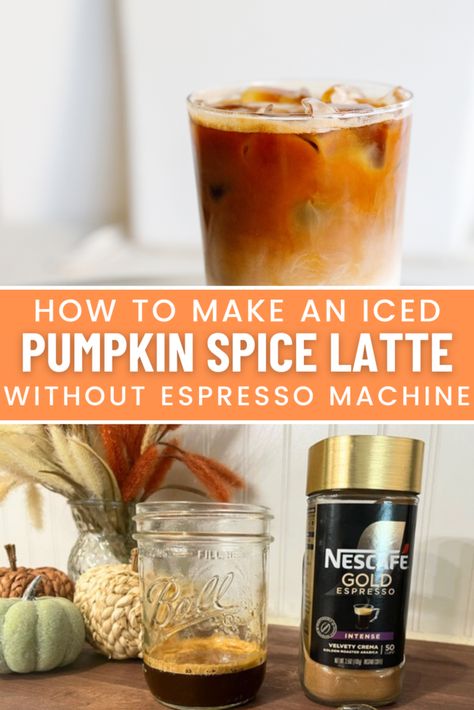 How to Make an Iced Pumpkin Spice Latte with Instant Espresso Pumpkin Espresso Drinks, How To Make A Pumkin Spice Latte At Home., Instant Espresso Iced Coffee Recipe, Instant Espresso Iced Coffee, Instant Espresso Recipes, Peppermint Syrup Recipe, Instant Iced Coffee Recipe, Peppermint Coffee Creamer, Pumpkin Spice Latte At Home