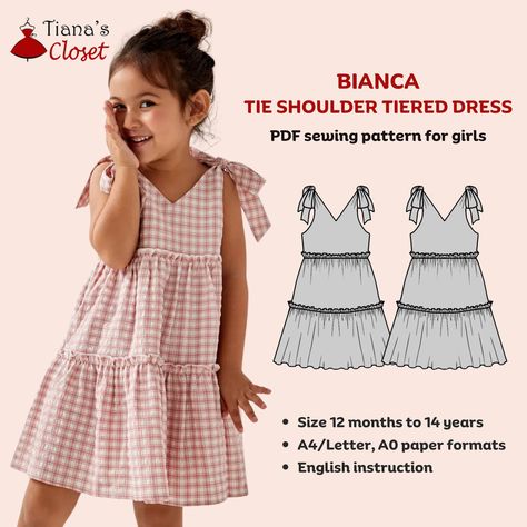 Bianca tie shoulder tiered dress - PDF sewing pattern for kids | Digital sewing pattern for girls | Tiana's Closet Sewing Patterns Tiered Dress Pattern, Girl Dress Pattern, Dress Patterns Free, Couture Mode, Sewing Patterns For Kids, Diy Sewing Clothes, Dress Sewing Pattern, Dress Sewing Patterns, Sewing For Beginners