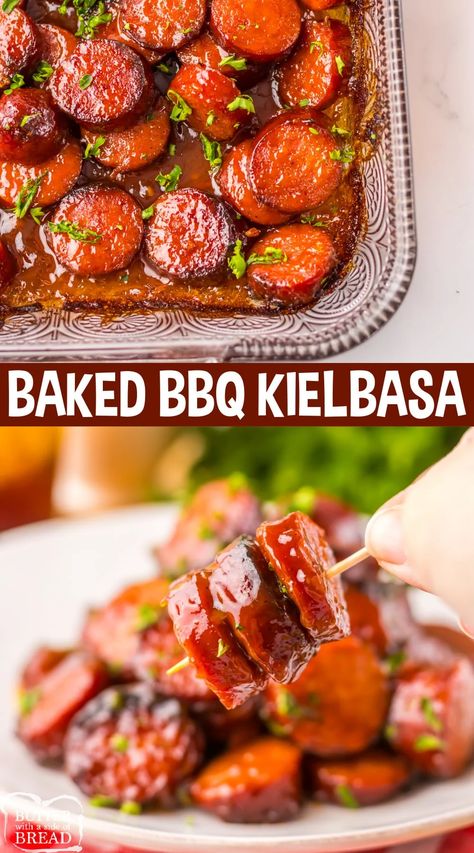 BAKED BBQ KIELBASA - Butter with a Side of Bread Bbq Kielbasa, Kalbasa Recipes, Italian Cream Soda Recipe, Kielbasa Appetizer, Crockpot Ham And Beans, Homemade Cream Corn, Kielbasa And Potatoes, Smoked Sausage Recipes, Kielbasa Recipes